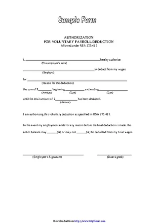 Sample Authorization For Voluntary Payroll Deduction Form