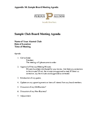 Sample Club Board Meeting Agenda