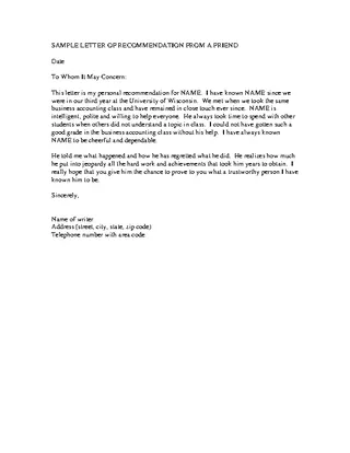 Forms Sample Recommendation Letter From A Friend Pdf Download