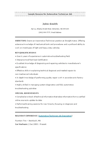 Sample Resume For Automotive Technician Job
