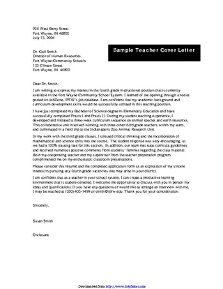 Forms Sample Teacher Cover Letter