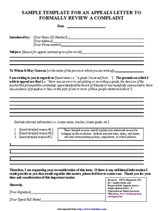 Forms Sample Template For An Appeals Letter To Formally Review A Complaint