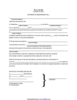 Saskatchewan Affidavit Of Execution Of Will Form