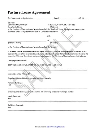 Saskatchewan Pasture Lease Agreement Sample