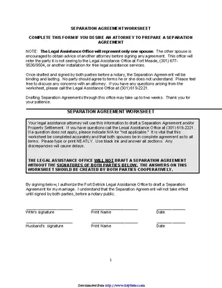 Forms Separation Agreement Worksheet