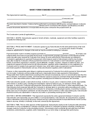 Short Form Standard Subcontract