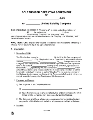 Forms Single Member Llc Operating Agreement Template