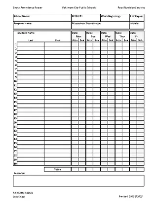 Snack Attendance Roster Template