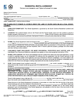 South Carolina Association Of Realtor Residential Lease Agreement Form 410