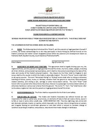 Forms South Carolina Horse Riding Agreement And Liability Release Form