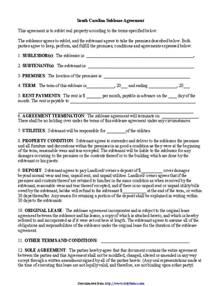 South Carolina Sublease Agreement Form