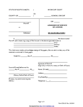 South Dakota Admission Of Service For Answer Form