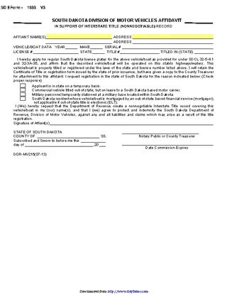 South Dakota Affidavit In Support Of Interstate Title Nonnegotiable Form