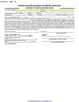 South Dakota Affidavit Of Vehicle Form