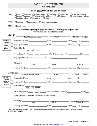 Forms South Dakota Civil Case Filing Statement 2 Party Case Form