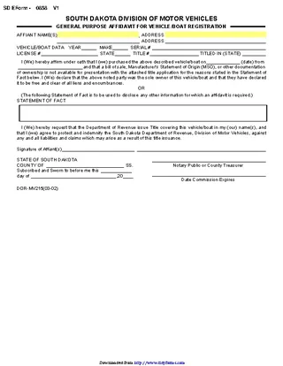 South Dakota General Purpose Affidavit For Vehicle Boat Registration Form