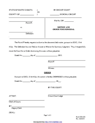 South Dakota Motion And Order For Dismissal Form