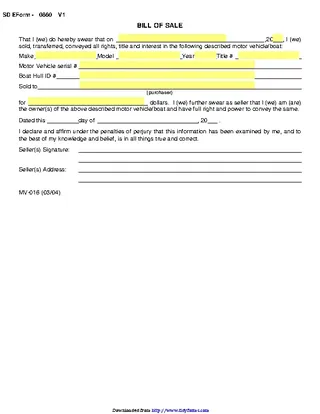 South Dakota Motor Vehicle Bill Of Sale Form