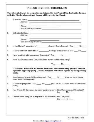 South Dakota Pro Se Divorce Checklist Form