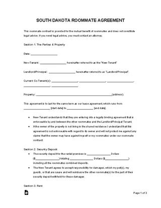 Forms South Dakota Roommate Agreement Template