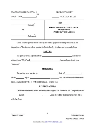 South Dakota Stipulation And Settlement Agreement Without Children Form