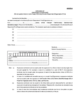 Specimen Of Experience Certificate