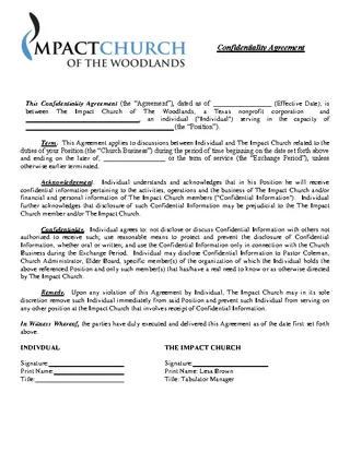 Standard Church Confidentiality Agreement Example