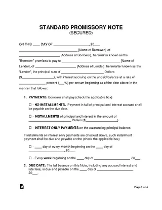 Forms Standard Secured Promissory Note Template