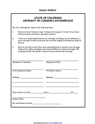 State Of Colorado Affidavit Of Common Law Marriage