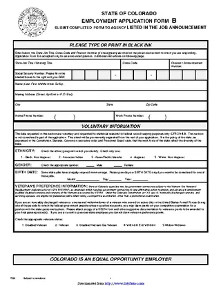 State Of Colorado Employment Application Form B