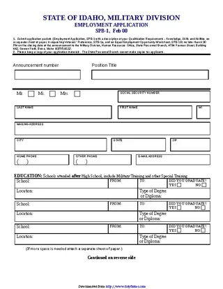 State Of Idaho Military Division Employment Application