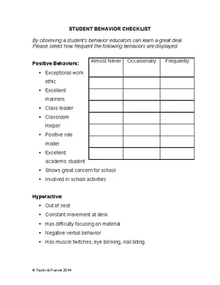 Forms Student Behavior Checklist