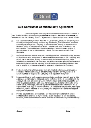 Forms Sub Contractor Confidentiality Agreement