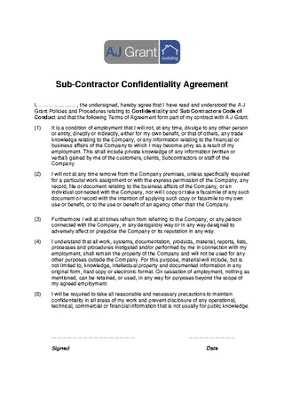 Sub Contractor Confidentiality Agreement