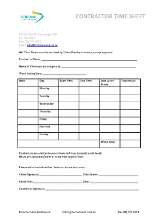 Sub Contractor Timesheet Template Pdf Download