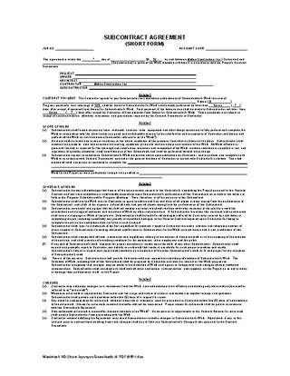 Subcontract Agreementshort Form