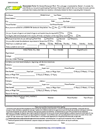 Subway Employment Application