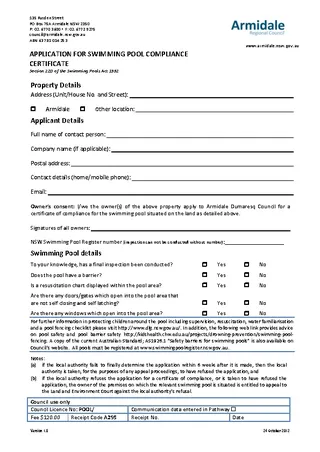 Swimming Pool Compliance Certificate Application Form Template