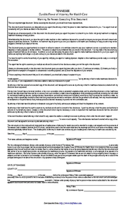 Tennessee Health Care Power Of Attorney Form - PDFSimpli