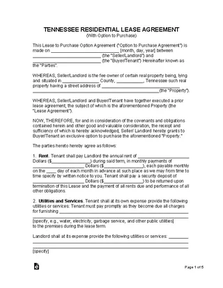 Tennessee Lease Agreement With Option To Purchase Form
