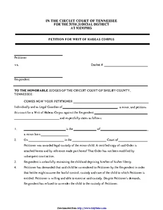 Forms Tennessee Petition For Writ Of Habeas Corpus