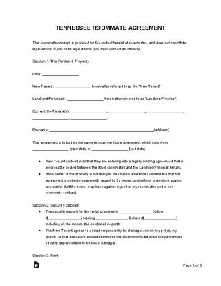 Tennessee Roommate Agreement Form