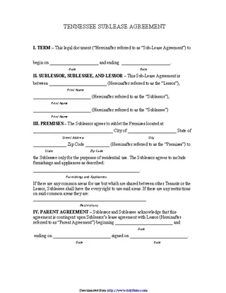 Forms Tennessee Sublease Agreement Form