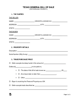 Texas General Personal Property Bill Of Sale