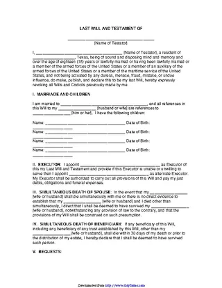 Texas Last Will And Testament Form