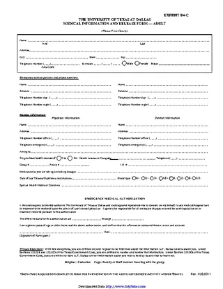 Texas Medical Release Form For Adult