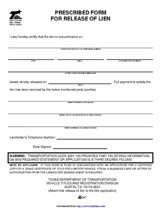 Texas Prescribed Lien Release Form