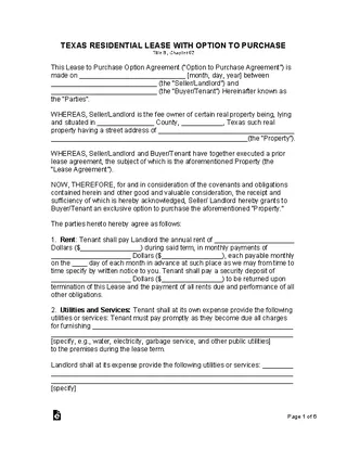 Texas Residential Lease Agreement Option To Purchase