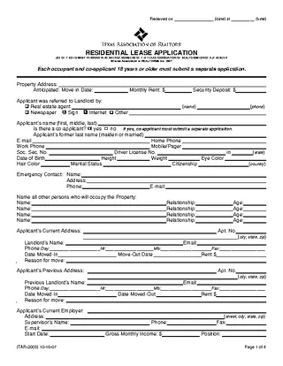Forms Texas Residential Lease Application Form