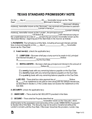 Forms Texas Standard Promissory Note Template